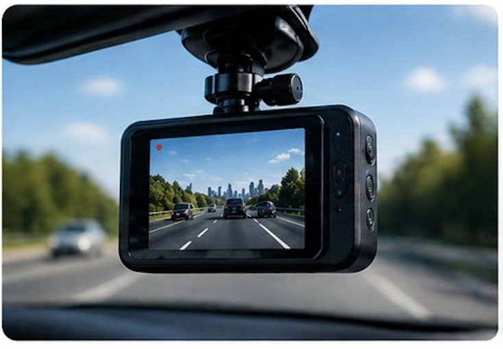 AI dashcam mounted on a windshield displaying live highway footage