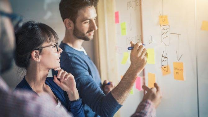 Two colleagues collaborating on a project plan at a whiteboard