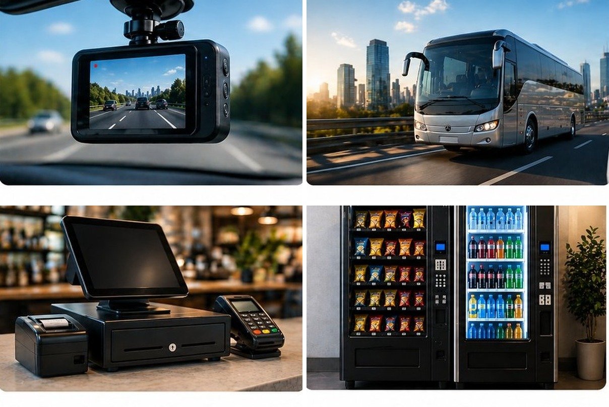 Four TSI Impact services in a grid: an AI dashcam, a commercial coach bus, a Toast POS terminal, and a smart vending machine